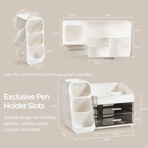 HBlife Desk Organizer with Pen Pencil Holder for Desk, Pen Organizer with 2 Drawers, Desk Organizers and Accessories with 4 Compartments, Desktop Storage for Office Home School Art Supplies, White - color: White