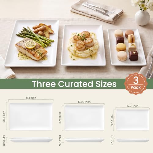 Kassel Ceramic Serving Platter Set 16”/14”/12” White Porcelain Serveware for Parties & Entertaining - Decorative Oven-Safe Serving Dishes & Platters for Food, Cookies, Meat & Turkey Rectangular Large - size: Large Rectangular 16”/14”/12”