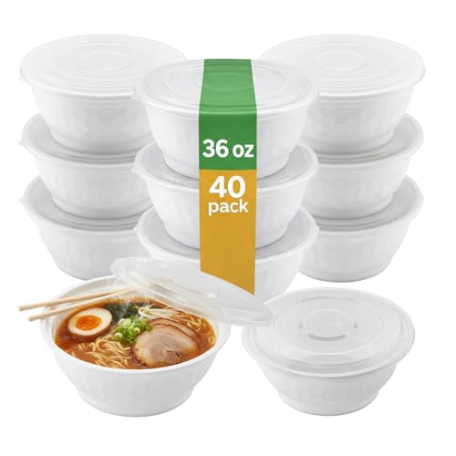 Disposable Noodle Bowls with Lids 36 oz, White Microwaveable Noodle Bowls with Lids Durable, Reusable & Leak-Resistant Food Containers | Microwave & Freezer Safe, 40 Sets, White - color: White, size: 36oz