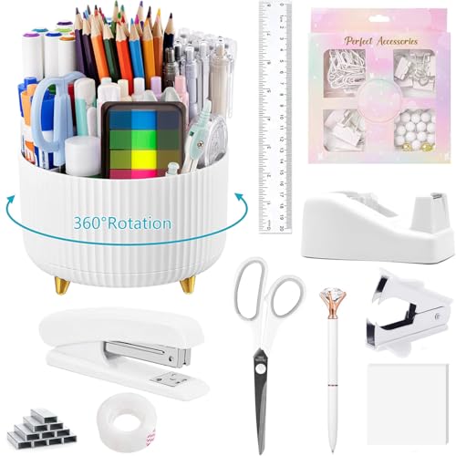 Office Supplies,School Supplies,White Desk Accessories,Desk Organizer,Scissors,Stapler,Tape Dispenser,Binder Clips,Staples,Staple Remover,Sticky Notes,Clear Tape,Pen,Ruler,Best Gift,11pcs - color: 11 Pcs Set White, size: 11 pcs set