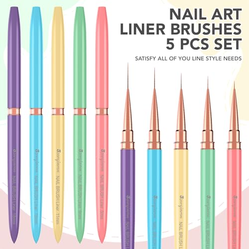 Nail Liner Brushes, Fine Line Nail art Brush 5/9/11/15/18mm Macaron Thin Nail Art Brush Detail Drawing, Liner Brush for Nails Gel - color: Macaron