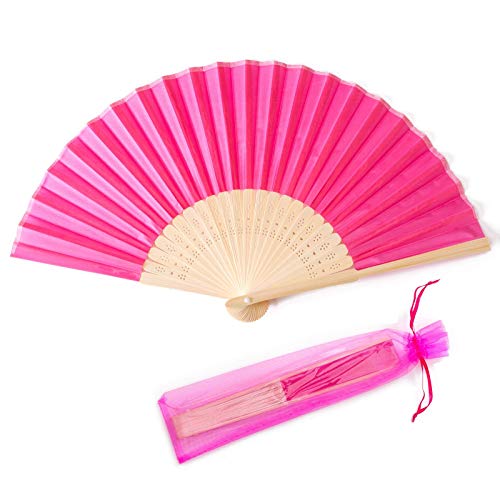 24pcs Imitated Silk Hand Fan Imitated Silk Fabric Bamboo Handheld Folded Fan Bridal Dancing Props Church Wedding Party Favors with Organza Bags (Hot Pink) - color: Hot Pink