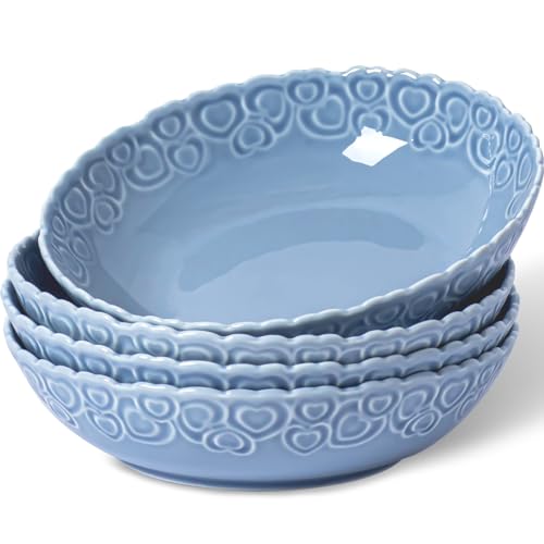 HOMBENE Heartbeat Pasta Bowls Set of 4, 28oz Salad Bowls Soup Bowl for Kitchen, Porcelain Wide and Shallow, Noodle, Soup, Pasta,Dinner, Microwave & Dishwasher Safe (Celestial Blue) - color: Celestial Blue, size: 28oz