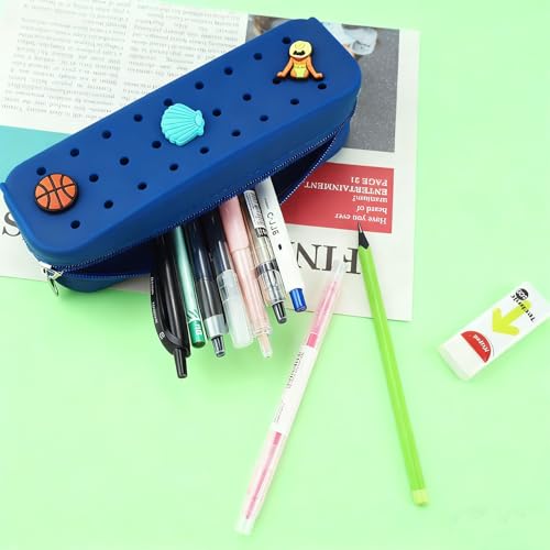 1 Pack Cute Silicone Pencil Case Pencil Pouch with DIY Holes and 3 Decoratives(Random) Travel Makeup Brush Bag suitable for travel home7.81inch (Sea Blue) - color: Sea Blue