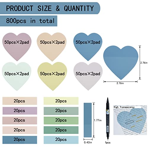 YOUDEFUL 800Pcs Transparent Sticky Note,2.76x2.76 Clear Heart Sticky Note - size: Heart Morandi