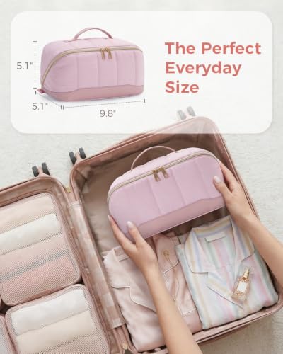 Makeup Bag for Women, Open Flat Puffy Organizer with Wipe-Clean PVC Lining - color: Pink