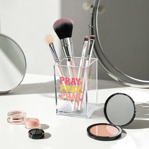 Pray on it Pray through it Acrylic Cosmetic Pencil Pen Holder Cup, Bible Verse Pen Holder Cup, Women Faith Gifts, Christian Gifts for Women Mom Daughter Sister Friend Colleague Boss Teacher - style: Pray on it