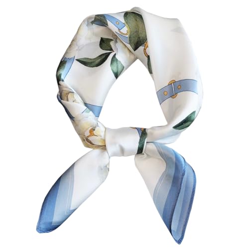 ANDANTINO 100% Mulberry Silk Scarf -21” Square Neckerchief with Gift Packed - color: Floral-pale Blue