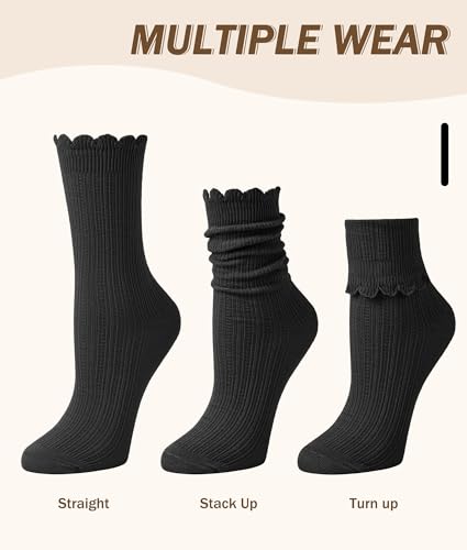 Justay 6 Pairs Ruffle Socks Women, Crew Cotton Frilly Boot Socks - color: Pure Black