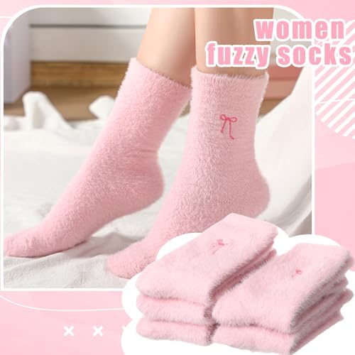 Geyoga 5 Pairs Fuzzy Bow Socks for Women Fluffy Slipper Gift - color: Pink