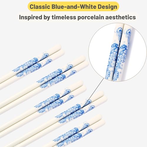 Porcelain Chopsticks Set of 5 Pairs, Reusable Bone Ceramic Chopsticks, Dishwasher Safe, Non-Slip Design, Elegant Gift Box for Family or Restaurant Use (Lantern flower) - color: Lantern flower