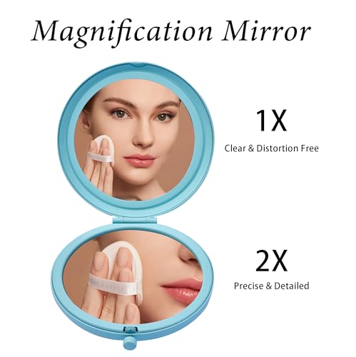 Compact Mirror for Purse, Metal Round Shell, Double-Sided 1X/2X Magnifying, Portable Travel Makeup Mirror, Mini Pocket Mirror, Aquamarine,4 Packs - color: Aquamarine