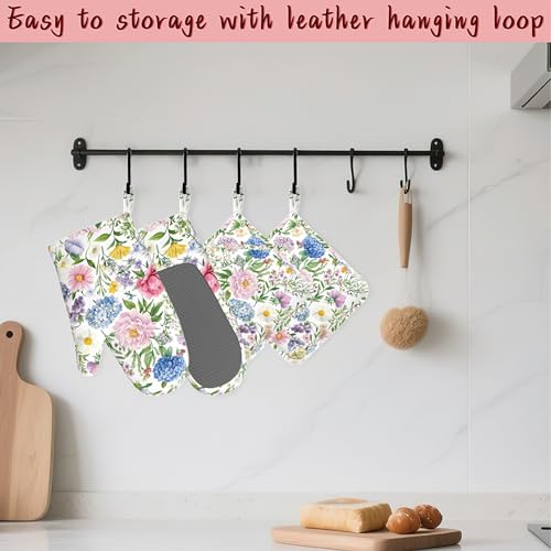 Watercolor Floral Oven Mitts and Pot Holders (4PCS),Wildflowers Heat Resistant Non-Slip Silicone Kitchen Gloves for Cooking, Baking, BBQ Waterproof Kitchen Accessories - color: Watercolor Floral Wildflowers