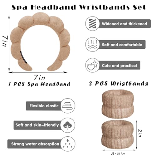 Spa Headbands for Washing Face Wristband Set Sponge Makeup Skincare Headband Wrist Towels Bubble Soft Terry Towel Cloth Hairband for Women Puffy Headwear Non Slip Thick Thin Hair Headwear (Coffee) - color: Coffee