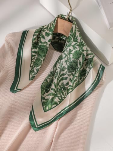 FEIBOON Mulberry Silk Scarf 21"x21" Small Square Scarfs for Women - color: Green Leaves