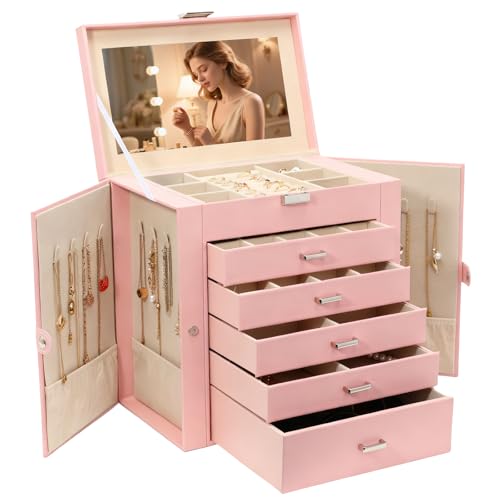 BOOVO Large Jewelry Box for Women 6 Layer - color: Silver and Pink, size: 6 Layer