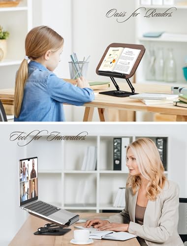Book Stand for Reading, Adjustable Book Holder with 360° Rotating Base Foldable & Portable Cookbook Stand with Elastic Page Clip for Kindle Office Kitchen Recipe School Textbook Magazine Tablet Laptop