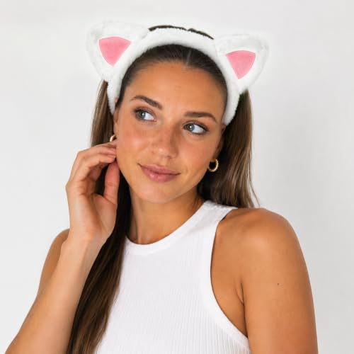 Fuzzy White Cat Ears Headband Pink Kitty Ears Cat Costume Headwear - color: White Pink Cat