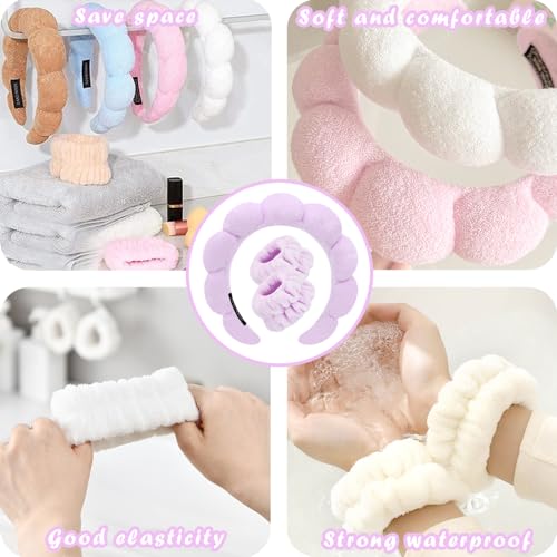 Spa Headbands for Washing Face Wristband Set Sponge Makeup Skincare Headband Wrist Towels Bubble Soft Terry Towel Cloth Hairband for Women Puffy Headwear Non Slip Thick Thin Hair Headwear (Lilac) - color: Lilac