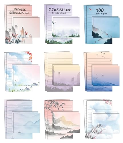 Better Office Products Mini Stationery Set of 100, Japanese Stationery Paper (50 Lined Sheets + 50 Matching Envelopes), 5.5 x 8.25 inch, 9 Designs, Double Sided Printing, One Side Lined Paper,
