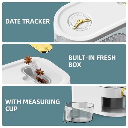 Rice Dispenser, 11Lbs-12Lbs Rice Container with Measuring Cup, Upgraded Lid Time Dials & Built-in Fresh Box Rice Container Storage for Home Kitchen Pantry Stores Rice - White Capacity 11Lbs-12Lbs