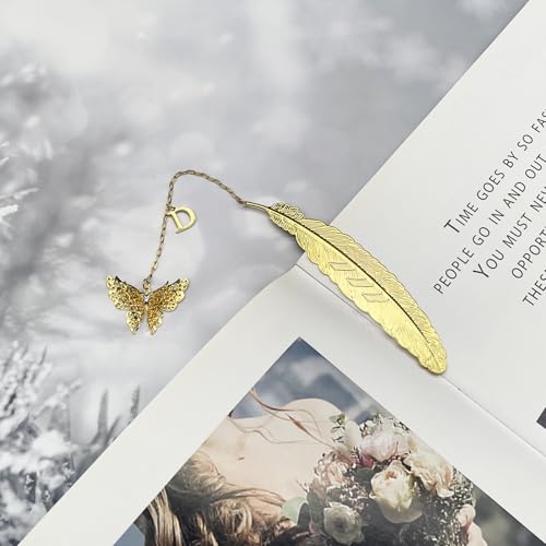 Initial Letter and Butterfly Charm Metal Feather Bookmark (Gold-D) - style: Gold-D