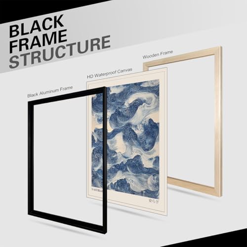 Japanese Blue Waves Wall Art Vintage Oriental Japandi Wabi Sabi Poster 08x10 inch Black Framed Abstract Giant Waves Canvas Prints for Minimalist Living Room Wall Decor - color: Trendy 3-BFramed, size: 10"L x 8"W