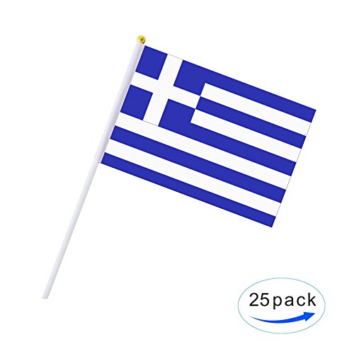 25 Pack Hand Held Small Mini Greece Flag,Greek Stick Round Top National Country Flags,Party Decorations Supplies for Parades,World Cup,Festival Events,International Festival. - color: Greece