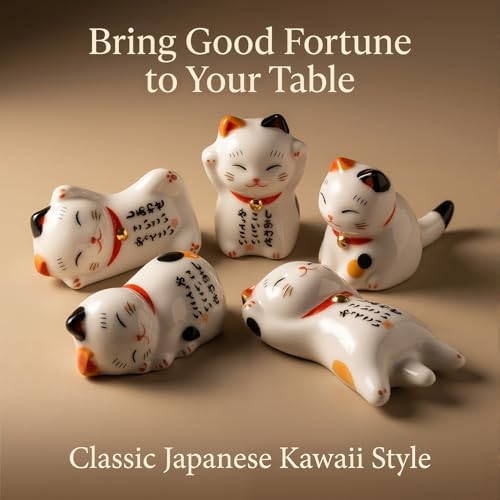 5-Pair Bamboo Chopsticks Set with 5 Ceramic Lucky Cat Rests, Gift Set