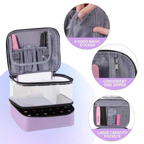 Clear Nail Polish Organizer Double layer Nail Polish Holds 30 Bottles and Nail Lamp, Nail Dryer Case Storage Supplies with Adjustable Dividers, Portable Nail Carrying Bag for Nail Tech (Purple) - color: 6.Purple