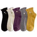 zrylibya Women Ruffle Frilly Floral Embroidery Scallop Ankle Socks 5 Pairs - color: Multicolor B