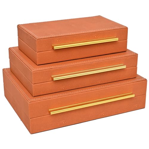 Faux Shagreen Stackable Decorative Velvet Lining Storage Boxes Set of 3 - color: Burnt Orange, size: L