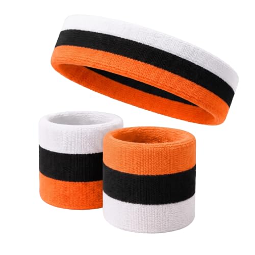 COUVER 3 Color Striped Sports Sweatband Set - color: Light Orange/Black/White