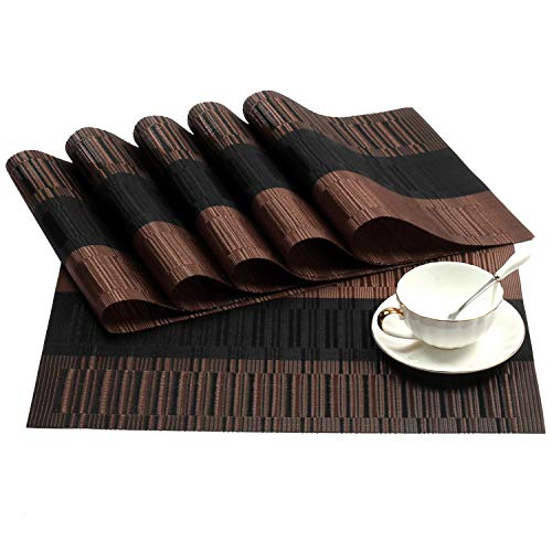 SHACOS Placemats with Table Runner Set of 7 Woven Vinyl Plastic Wipe Clean Heat Resistant Table Mats and Runner Set for Dining Table, Ombre Coffee Black - color: Ombre Coffee Black, size: Placemats and Table Runner Set of 7