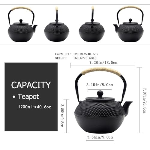 YJX Black Cast Iron Teapot, Tea Kettle for Stove Top, 40.6oz Tea Pot - size: 1200 ml without Cups