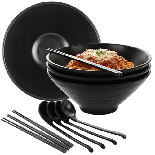 Ramen Bowl Set of 4, Japanese Style Noodle Soup Bowls, Black