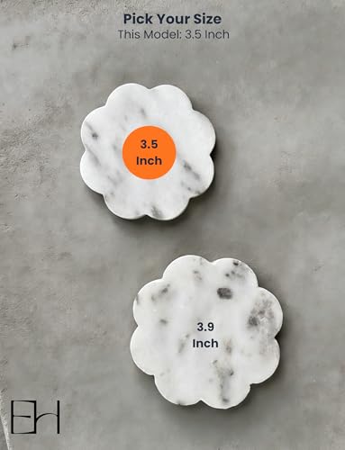 Marble Coasters Set of 4, Handcrafted Drink Protectors, Natural Stone Coaster Bar & Table Decor, Modern Desk Aesthetic Accessories, Non-Slip Luxury Gift (Marble White Round Scalloped)