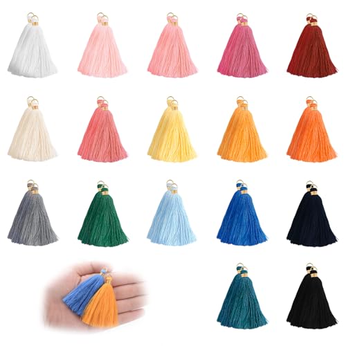 Mini Tassels Charm, 34pcs Golden Circle Mixed Color Mini Tiny Handmade Craft Tassels Charms for DIY Jewelry Necklace Making Accessories - color: 17 Colors-6.5cm