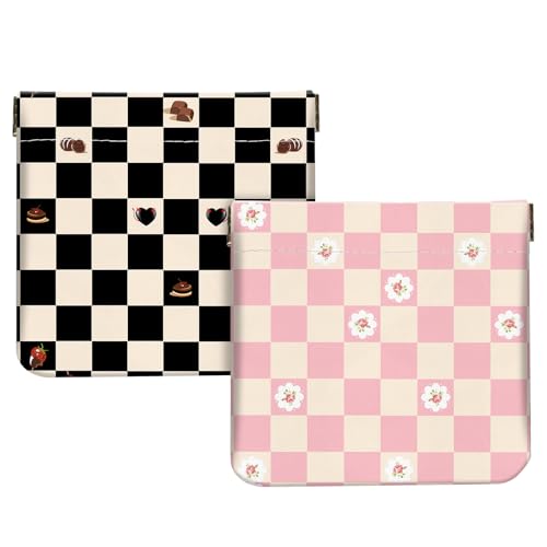 2Pcs PU Leather Small Squeeze Coin Purse Pouch Mini coin Bag Unique And Cute Wallet Cosmetic Bags Change Bag For Women Girls Men （Black and pink checkered1 - color: Black and pink checkered1