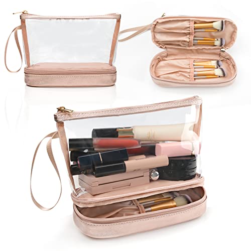Clear Makeup Bag with Brushes Compartment Travel TSA Approved Toiletry Bag - color: 03-rose gold clear