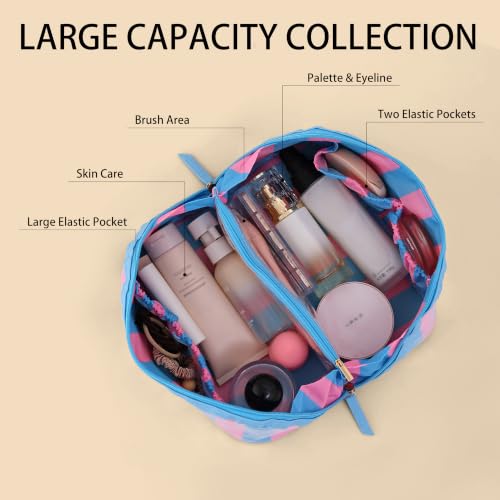 DYSHAYEN Travel Makeup Bag, Blue and Pink Striped - color: Blue-Pink