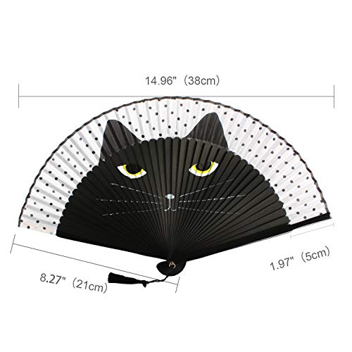 Folding Hand Fan for Women - Foldable Chinese Japanese Vintage Bamboo Silk Fan - with Tassel and Pouch, Perfect for Decoration, Dance, Wedding,Music Festival，Party,Gifting（Black Cat） - color: Black Cat