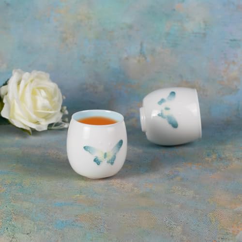 KAMMAK Tea Cup, 2.3oz Small Tea Cups Set of 2, White Porcelain Tea Cups, Ceramic Teacups for Home, Party, Office, Chinese Kungfu Tea Set for Hot/Cold Drink (Blue Butterflies) - style: 712N Blue Butterfly