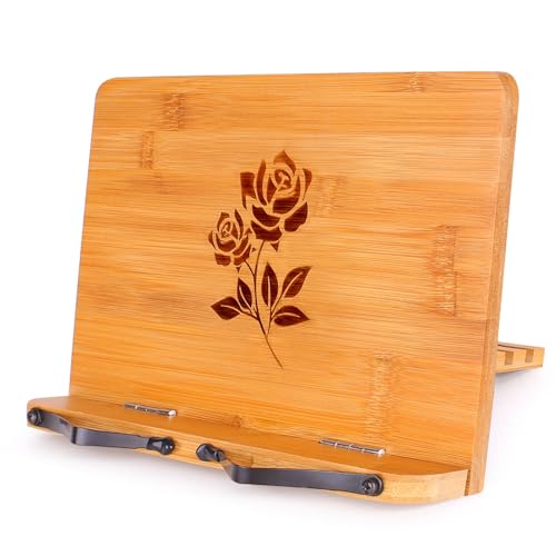 MEGREZ Foldable Bamboo Book Stand Adjustable Cookbook Reading Tablet Holder - color: Rose, size: 13.2 x 9.4 inches