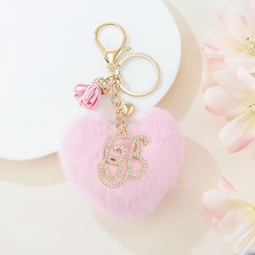 Initial Letter Heart Pom Pom Keychain for Women Pink Soft Fluffy Ball Key Ring for Purse Backpack Handbag - color: B