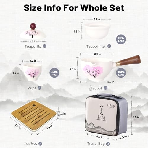 LURRIER Porcelain Chinese Gongfu Tea Set,Portable Teapot Set with 360 Rotation Tea maker and Infuser,Portable All in One Gift Bag for Travel,Home,Gifting,Outdoor and Office (Sakura) - color: Sakura