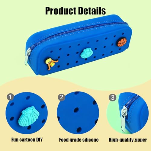 Cute Silicone Pen Case Pen Pouch with DIY Holes and 3 Decoratives(Random) Travel Makeup Brush Bag suitable for travel home7.81inch (Sea Blue,2 Packs) - color: Sea Blue,2 Packs