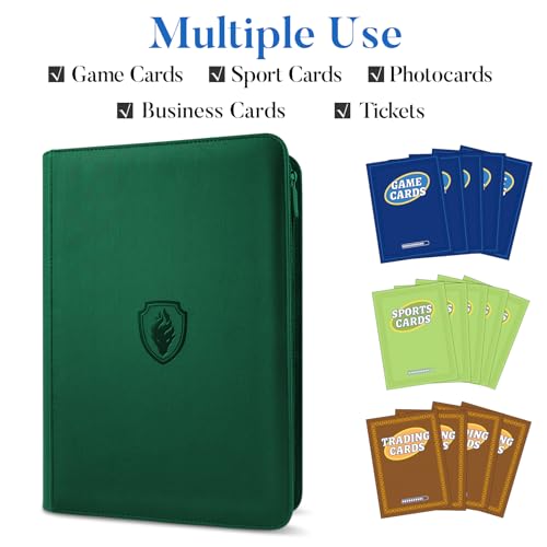 Premium Zip Card Binder, Fabmaker 9 Pocket Trading Card Binder PU Cover - color: Green, size: 9 Pocket - 13.9" x 10.5"