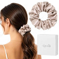 Silk Scrunchie 1.4" Medium Wide 6A 22 Momme 100% Mulberry Silk Hair Ties,Gentle on Hair No Damage No Crease for Women Girls Curly Thick Wavy Hair,Sample Fabric Provided (1, Light Brown) - color: Light Brown