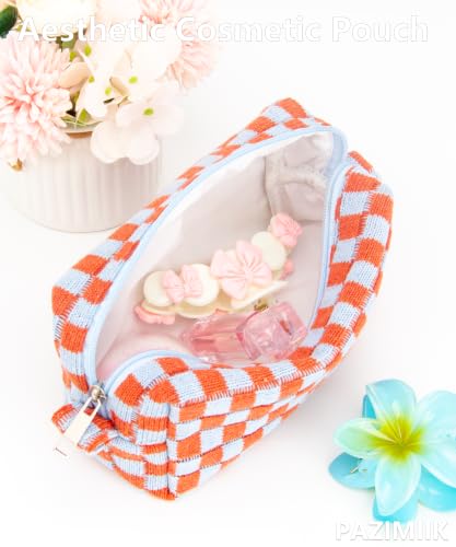 Checkered Makeup Bag for Purse, Small Travel Cosmetic Pouch,Orange Blue - color: Orange Blue